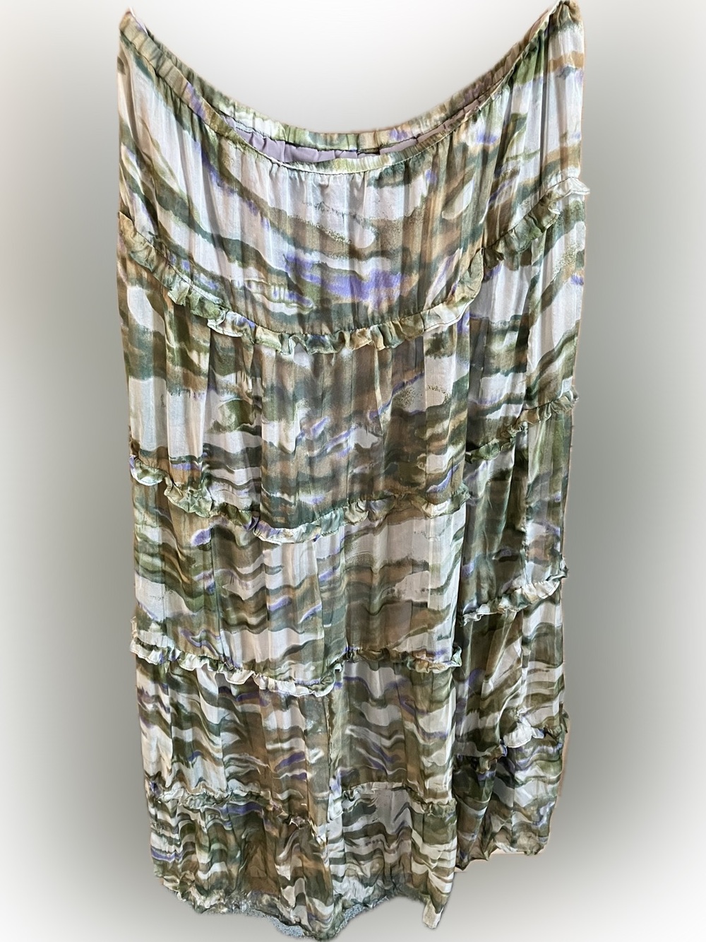 Sundance Olive, Taupe, Lavender Watercolor Tiered Maxi Skirt with Ruffles